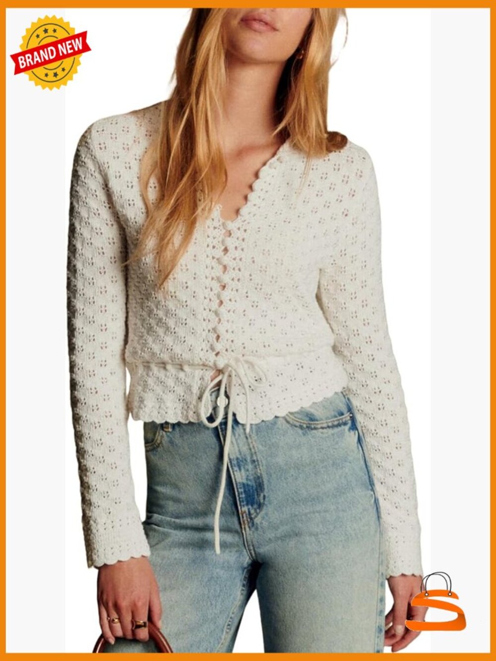 Casual Long Sleeve Crewneck Crochet Cardigan Lightweight Hollow Out Tie Front